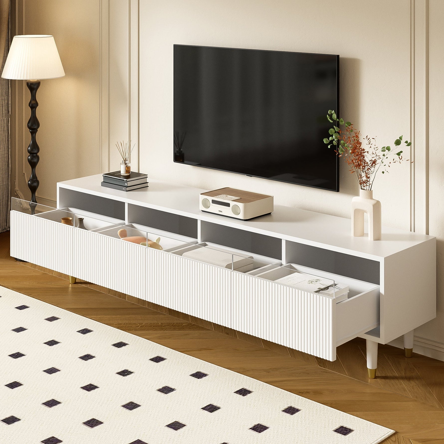 TV Cabinet 178cm, Minimalist Design, 4 Drawers, White MDF & Acrylic