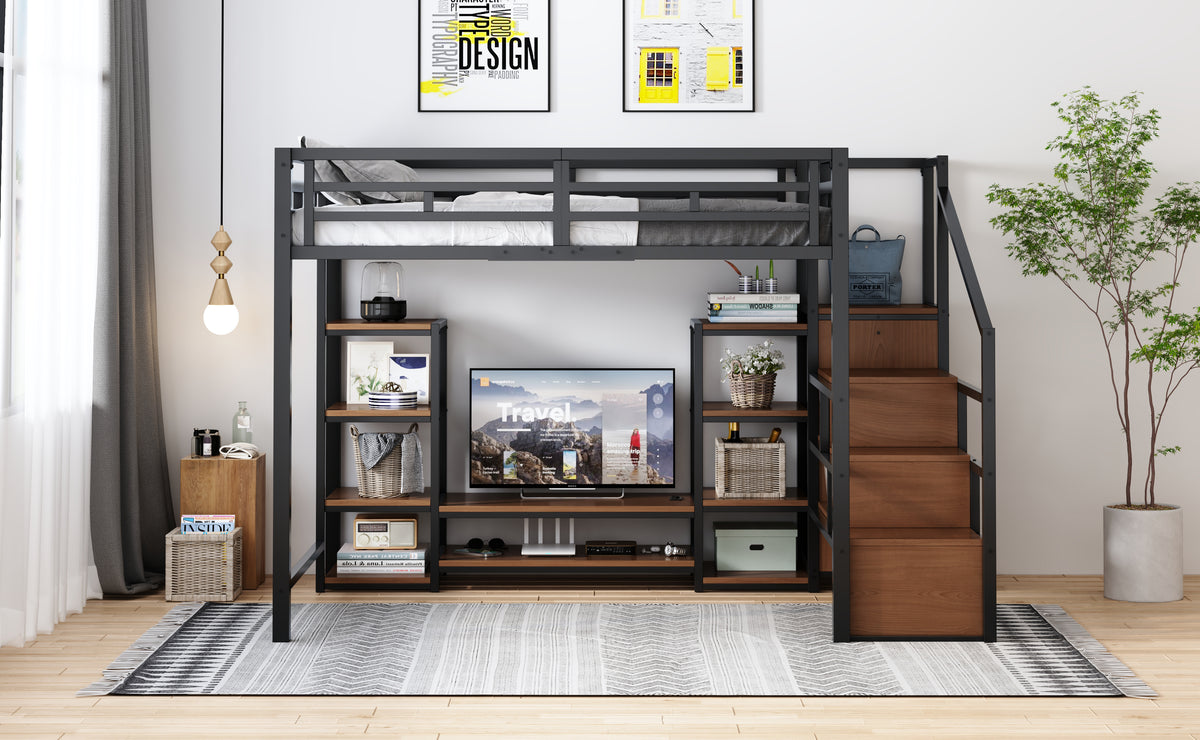 Loft Bed 140x200 with TV Stand & Power Outlet, Black