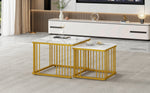 Nesting Coffee Tables Set of 2 Square Marble-Effect High-Gloss - Gold Legs