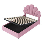 Upholstered Double Bed 90x200cm Floral Headboard Hydraulic Storage Velvet Beige/Pink