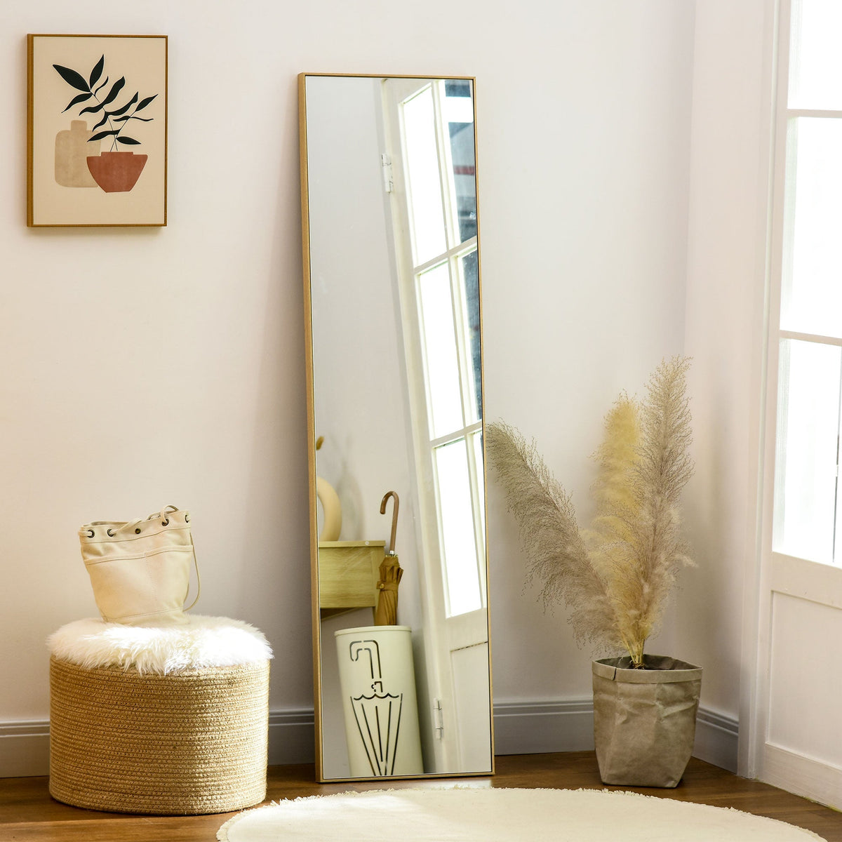 Standing Mirror, Full Length Dressing Makeup, Light Brown Wood Grain