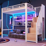 Loft Bed 90x200cm with Storage Ladder & LED Lights, White Iron Frame