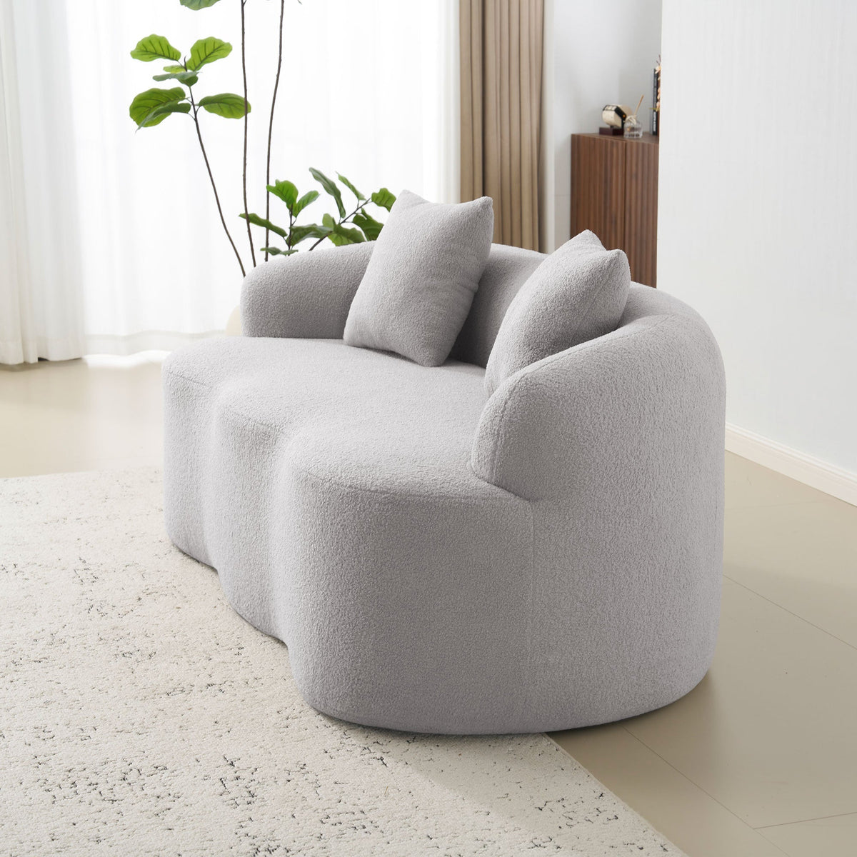 Curved Double Sofa, Compression Bedroom Couch with 2 Pillows and Round Arms, Light Grey