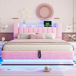 Smart Upholstered Bed with LED Lighting, USB and Hydraulic Storage, 180 x 200 cm, Pink Velvet