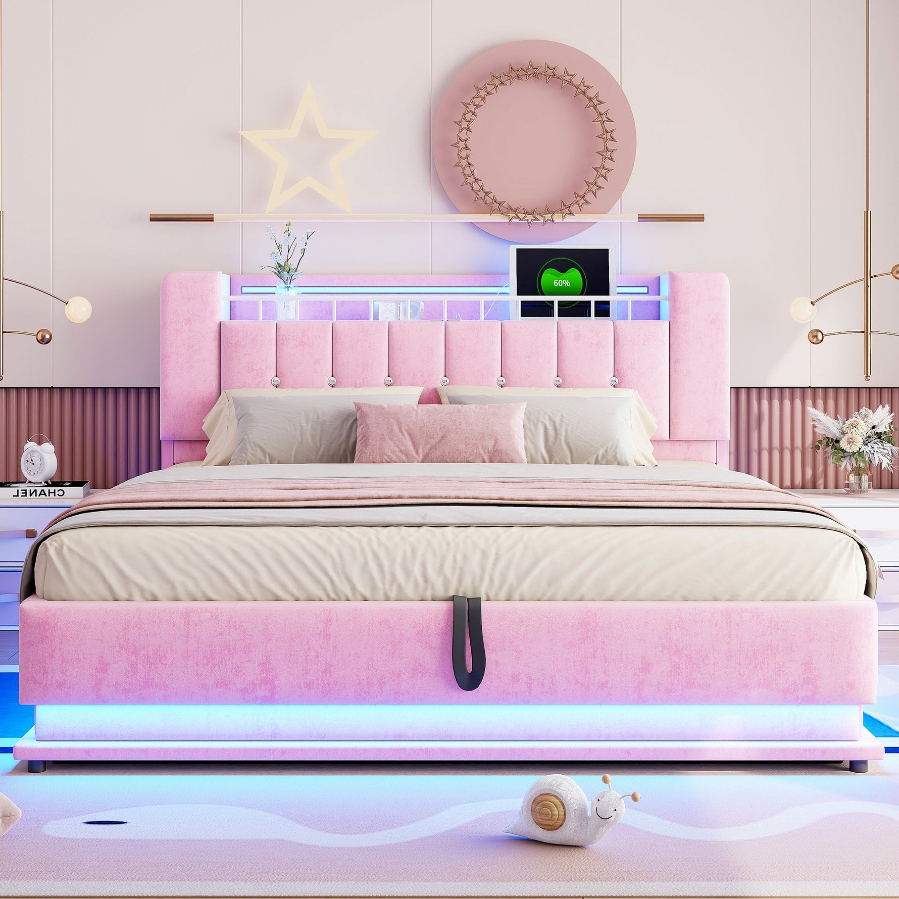 Smart Upholstered Bed with LED Lighting, USB and Hydraulic Storage, 180 x 200 cm, Pink Velvet