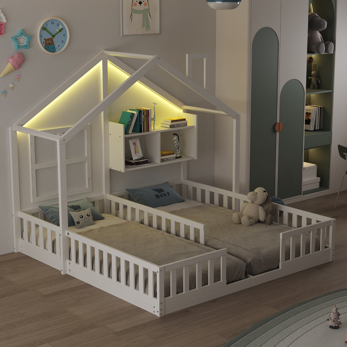 Children's House Bed 90x200 cm with LED & Storage, White