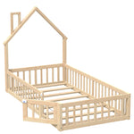 Children's House Bed 90x200 cm Chimney Shape, Natural Pine Wood