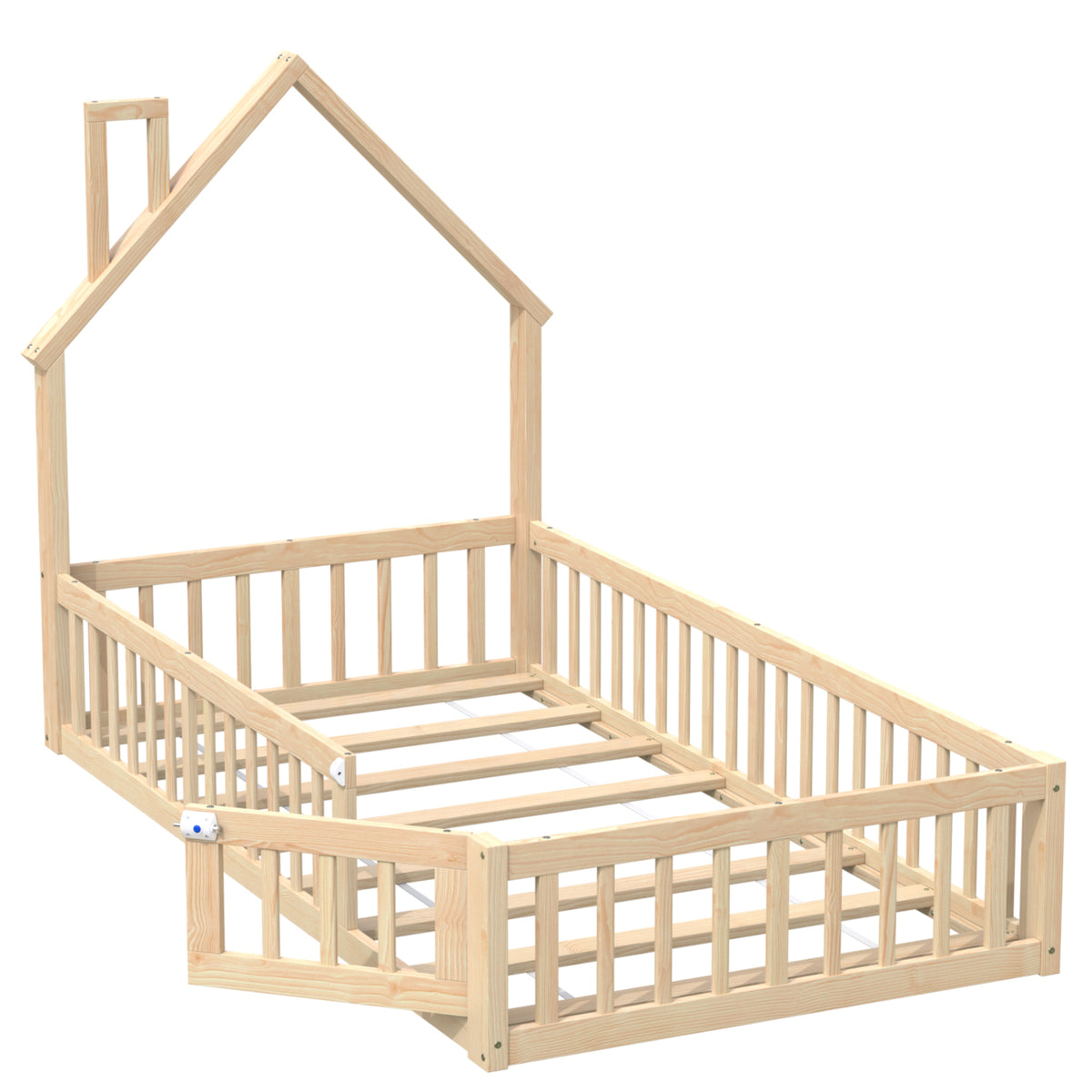 Children's House Bed 90x200 cm Chimney Shape, Natural Pine Wood
