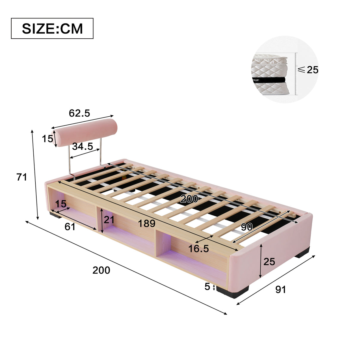 Children's Upholstered Bed with LED Shelf, 90x200 cm, Pink