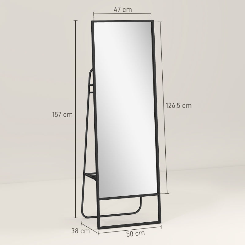 Full-Length Mirror, Industrial Design, Rear Shelf, 2 Hooks, Metal, Black