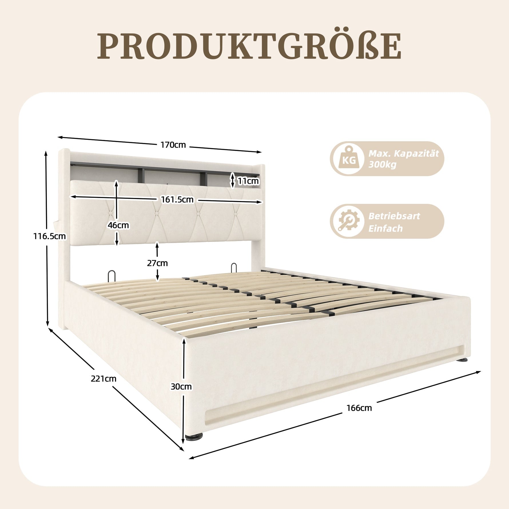 Upholstered Bed Frame, LED Lighting, USB-C Charging, Storage, Beige