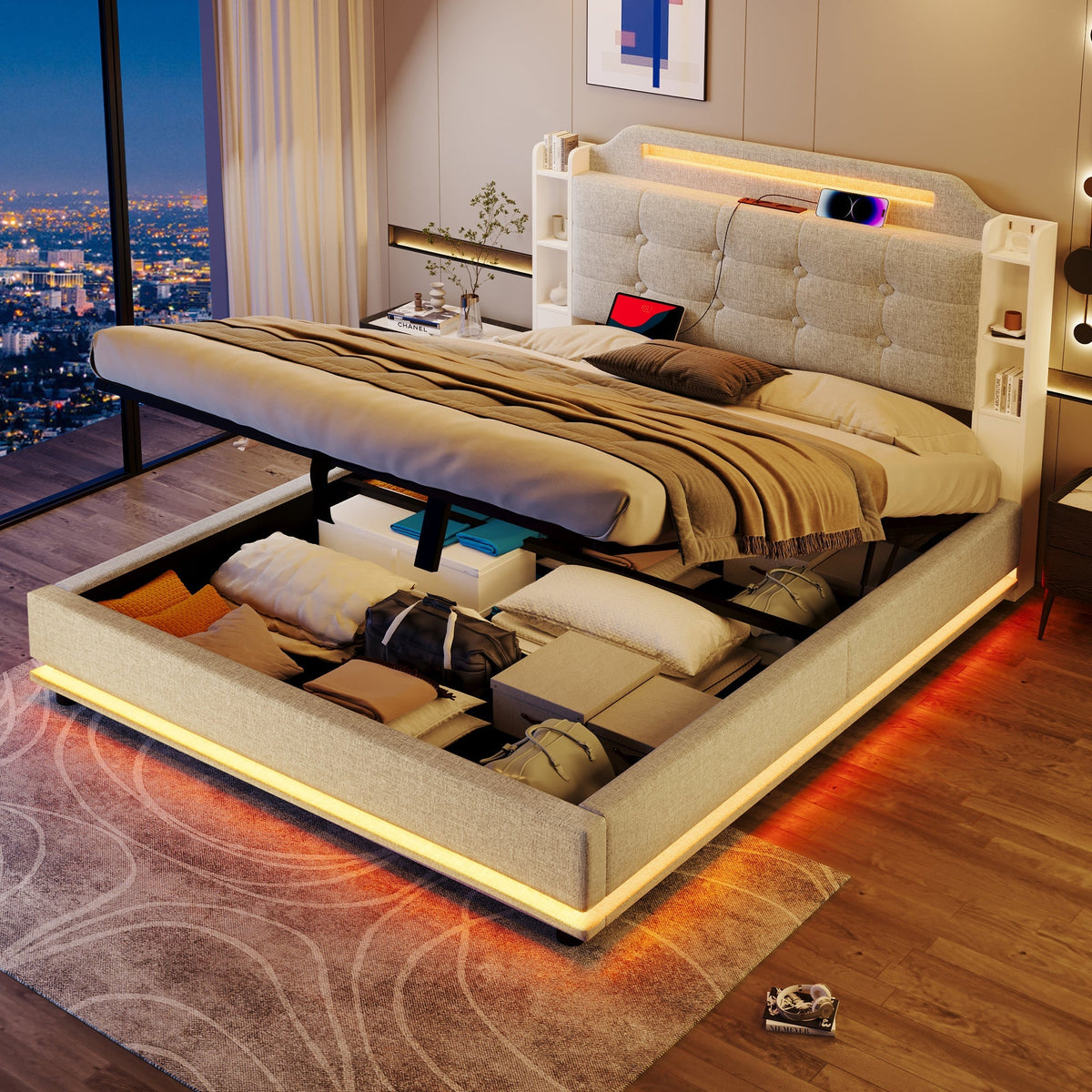 Upholstered Bed 140x200cm Hydraulic Storage LED USB/Type-C Linen Beige