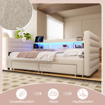 Daybed Sofa Bed 90x190cm Pull-Out Drawers USB LED, Beige Velvet
