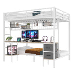 Loft Bed Desk Storage Drawers LED USB - White Iron Frame