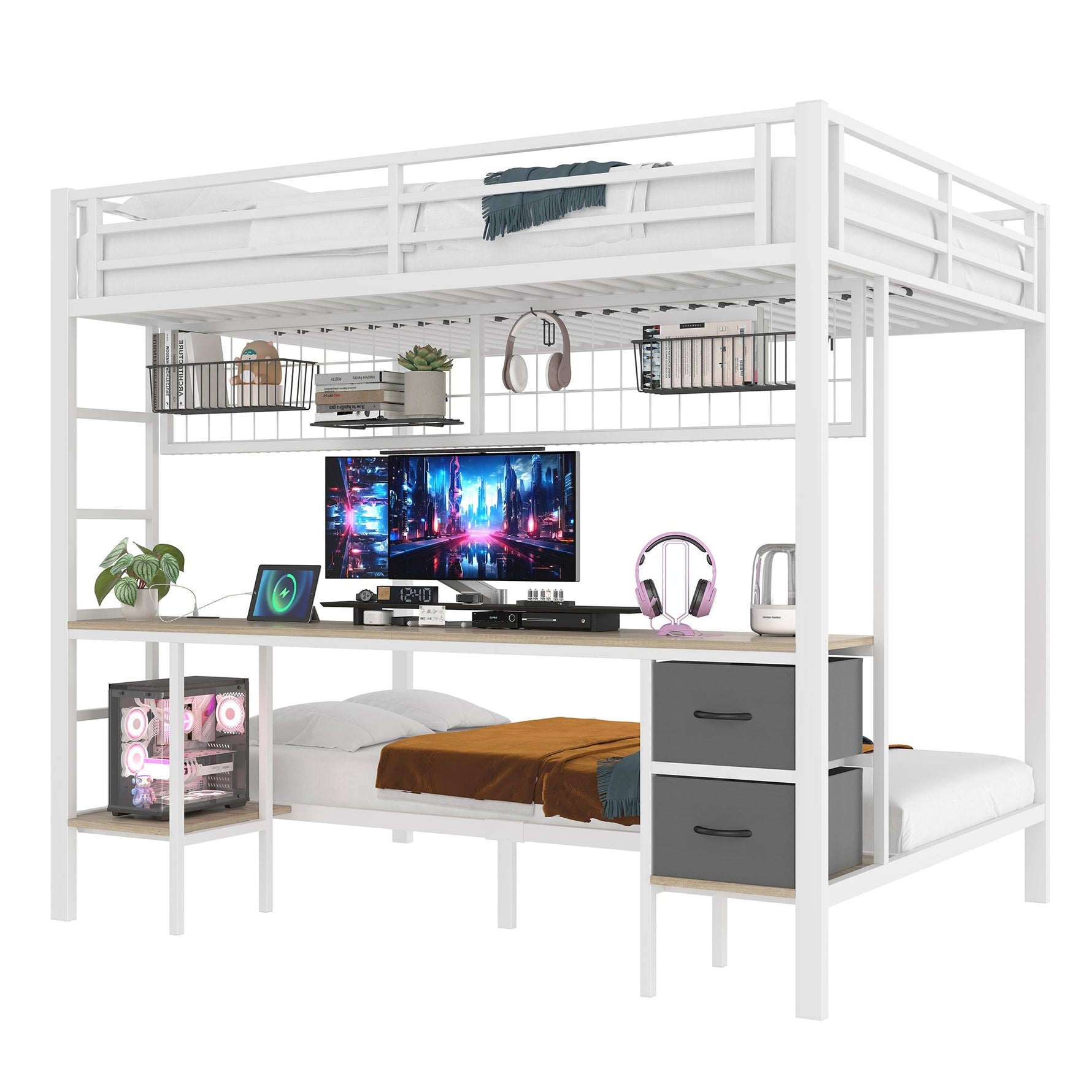 Loft Bed Desk Storage Drawers LED USB - White Iron Frame