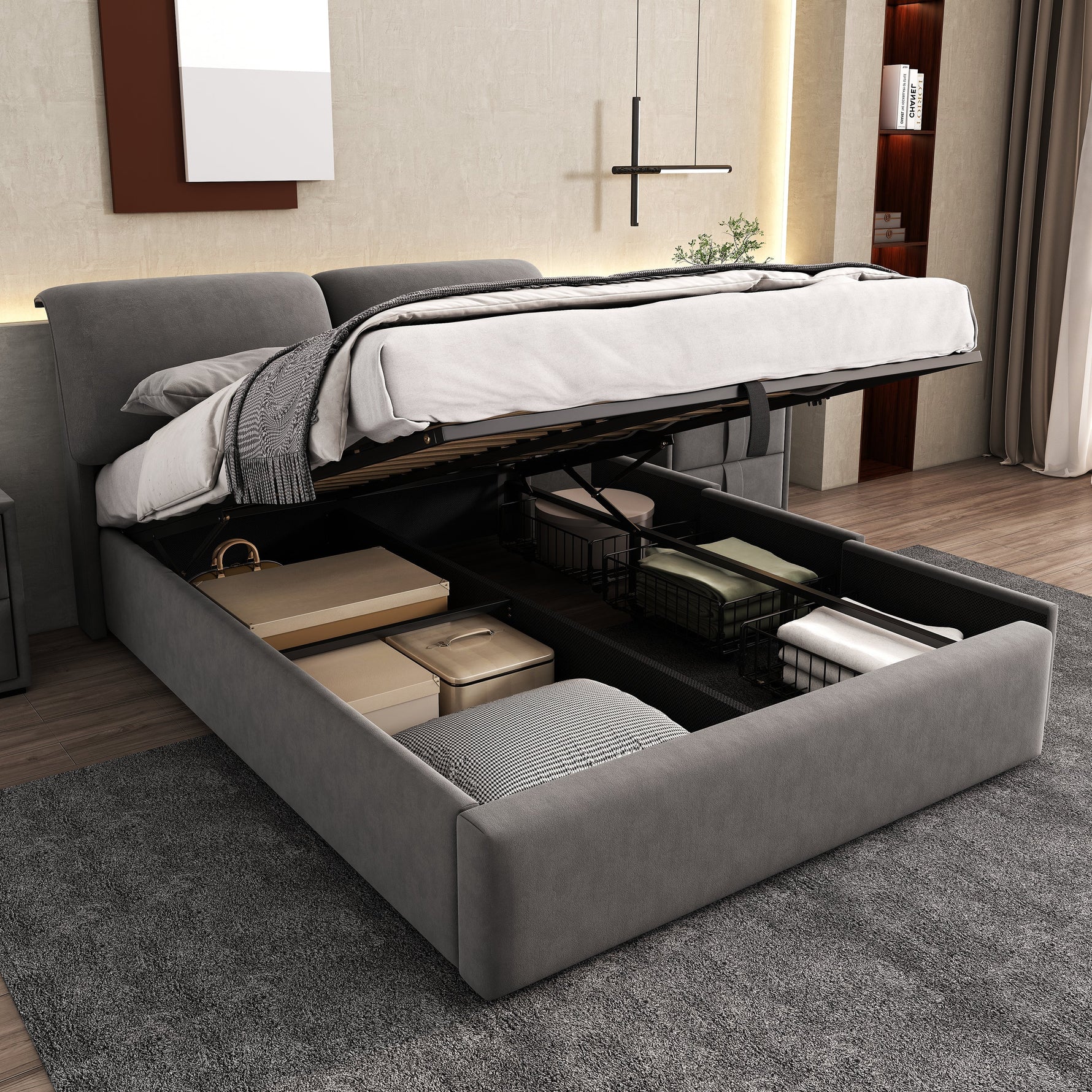 Upholstered Bed with Hydraulic Base, Three Drawers and Storage, 140x190cm, Gray Velvet