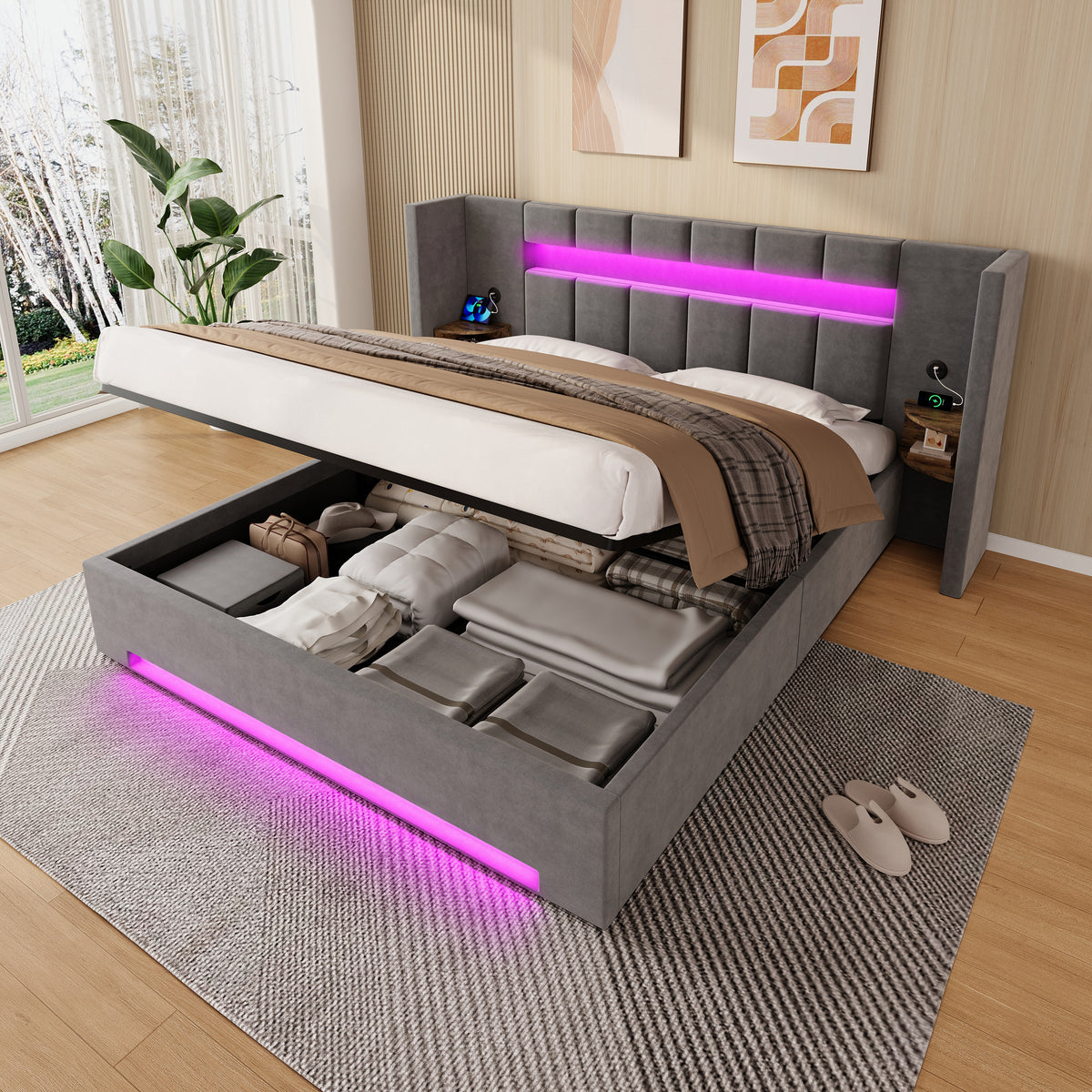 Multifunctional Bed Frame 180x200cm with Storage & LED, Velvet