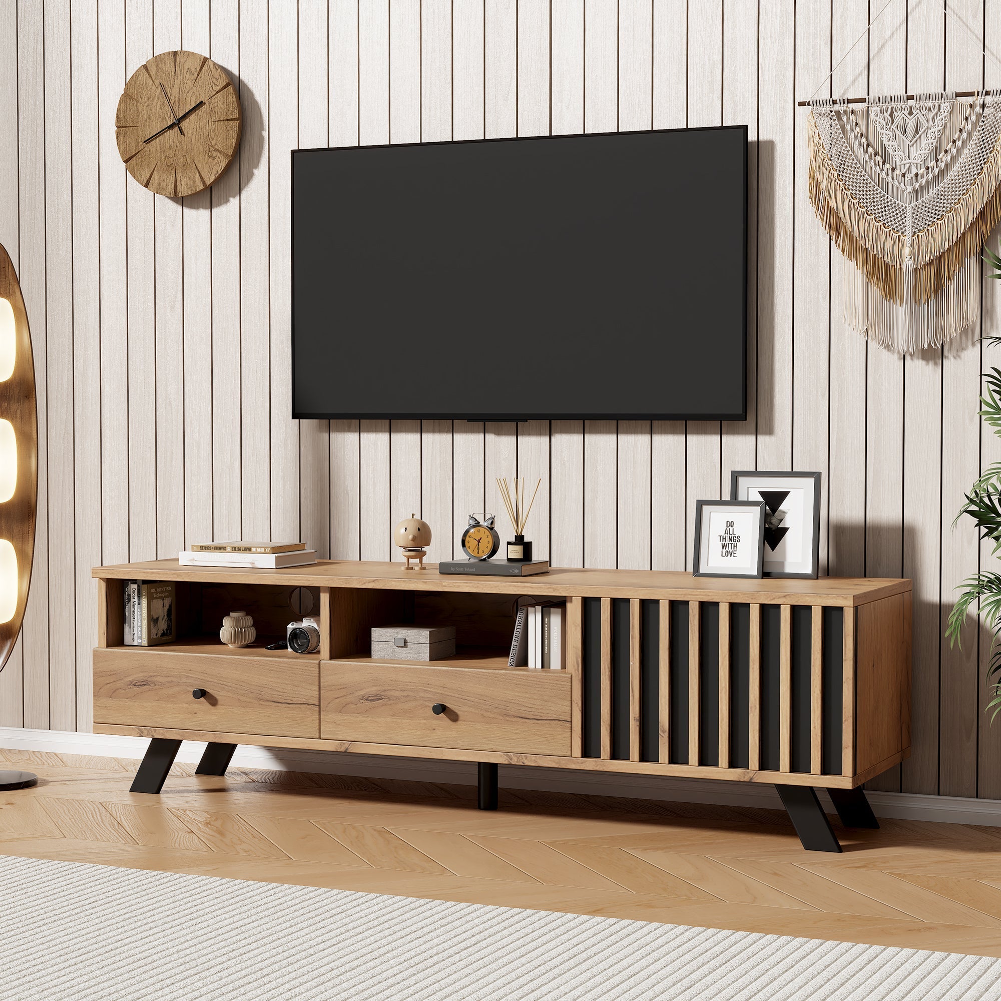 TV Cabinet 150cm with 2 Drawers, Lowboard for 60-inch TV, Wood Color