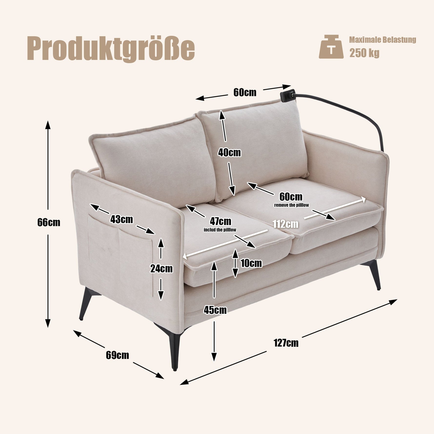 Modern Double Sofa, Small Fabric Armchair with Storage & Phone Holder