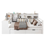 Solid Wood Sofa Bed, 140x200 cm, with Desk, Bookshelf, Storage, Power Outlet, White
