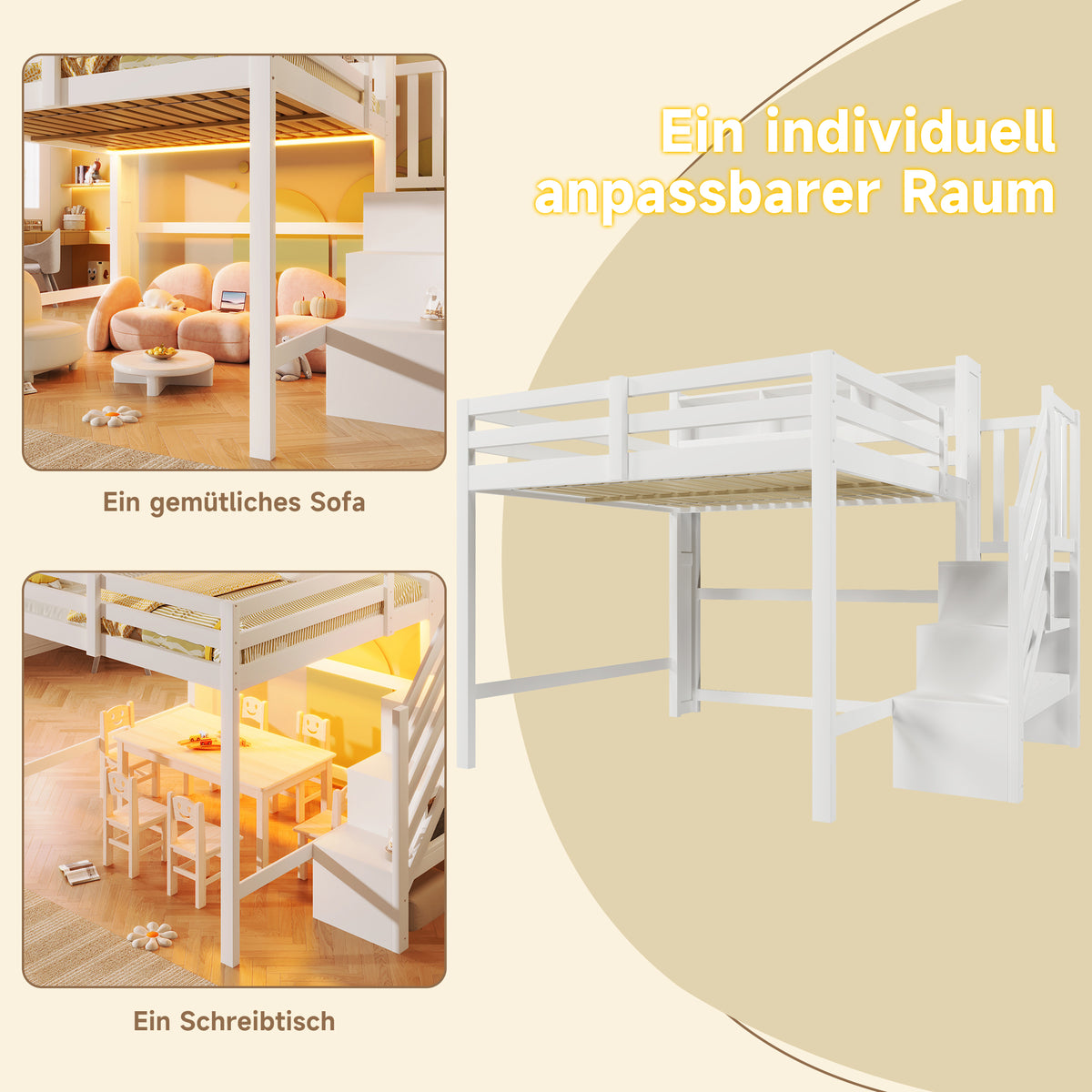 Loft Bed 140x200cm with LED Lights & Storage Ladder, White