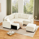 Chenille Corner Sofa Bed with Ottoman and USB Charging, Beige