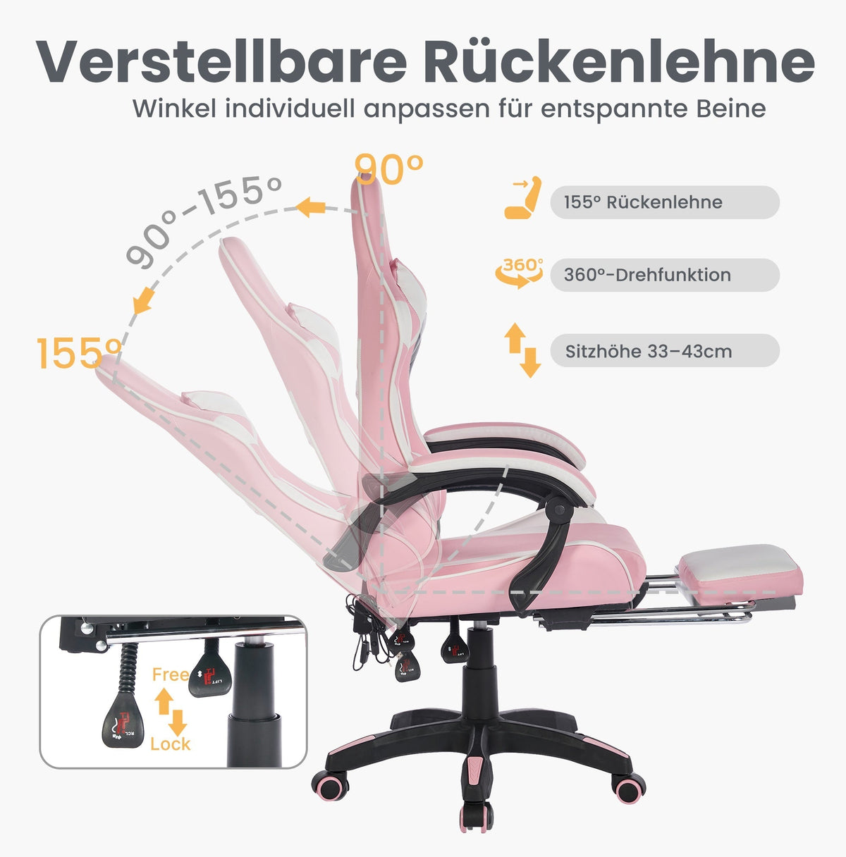 Gaming Chair Ergonomic Racing High-Back Swivel with Footrest & Lumbar Support Leather White & Pink