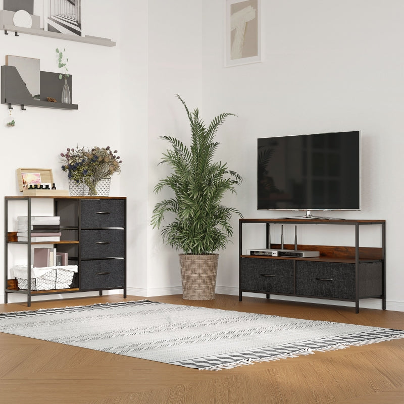 Storage Chest of Drawers, 3 Fabric Drawers and Shelves, Brown and Gray Metal