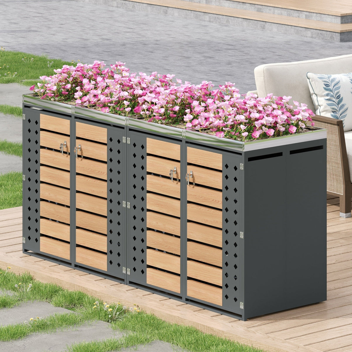 Garbage Can Enclosure with Lockable Four Doors and Planting Area, Horizontal Wood Grain Panels