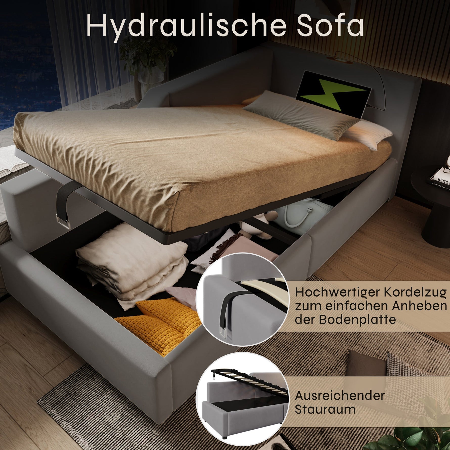Upholstered Daybed 90x190cm, Sofa Bed with Hydraulic Storage & USB-C, Velvet Grey