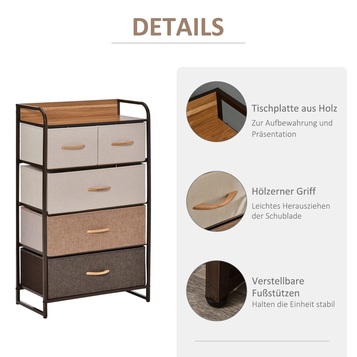 Chest of Drawers Sideboard 5 Foldable Fabric Drawers Brown