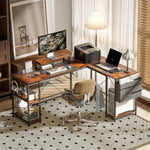 L-Shaped Desk with Corner Storage, Monitor Stand, Reversible - Rustic Brown