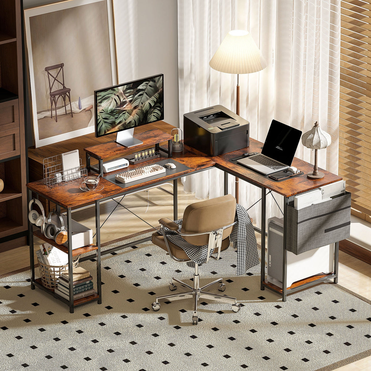 L-Shaped Desk with Corner Storage, Monitor Stand, Reversible - Rustic Brown