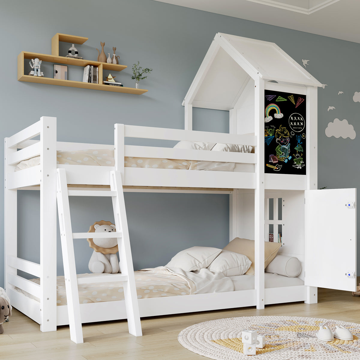 Children's Bunk Bed with Windows & Chalkboard, White Pine