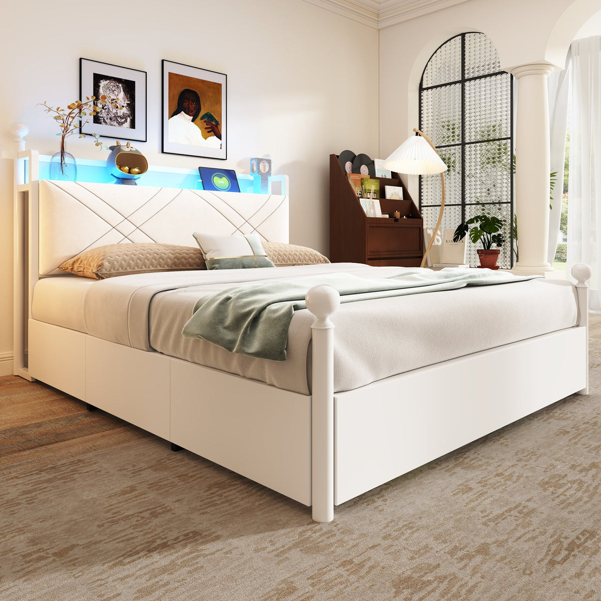 Multifunctional Double Bed with Iron Canopy, LED, USB and 3 Drawers, 140x190cm, White