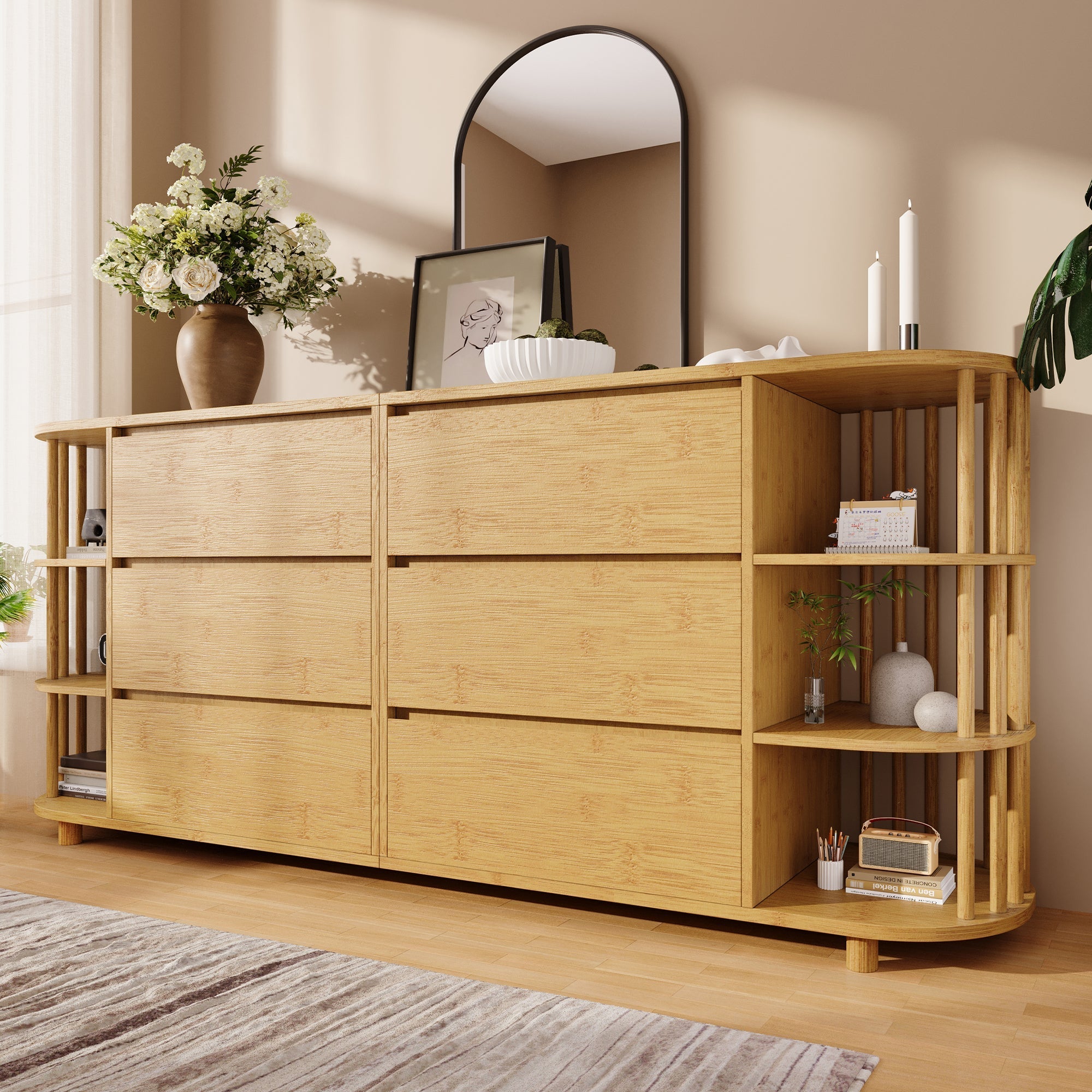 Sideboard 160cm Roman Design Bamboo Shelves 6 Drawers Oak