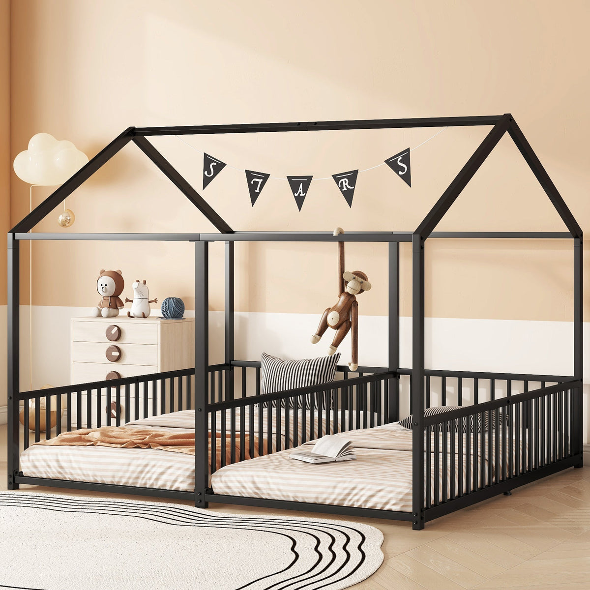 Metal Bed 90x200cm House Design Ladder - Black Iron Frame