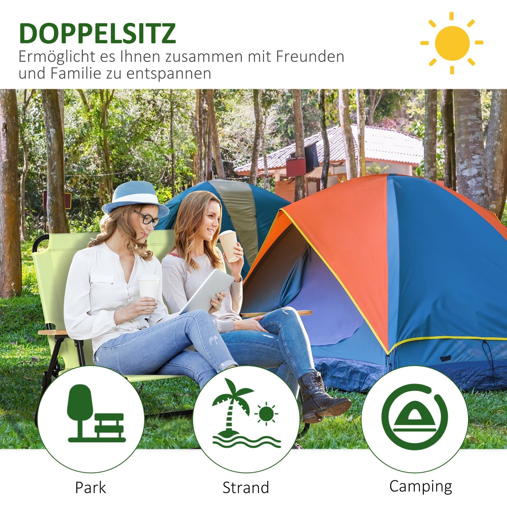 2-Seater Folding Camping Chair, Portable with Cup Holder, Light Green