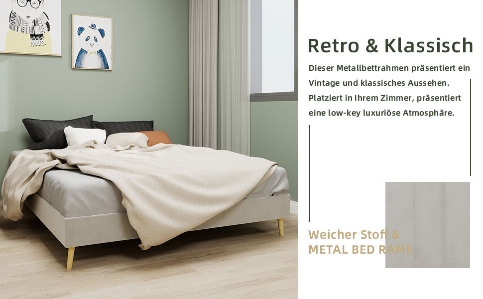 Modern Minimalist Bed Frame, Low-Profile 160x200 cm, Beige Dutch Velvet