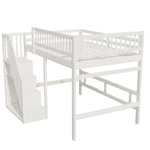 Solid Wood Bed, 140x200 with Stairs & Storage, High Railing, White