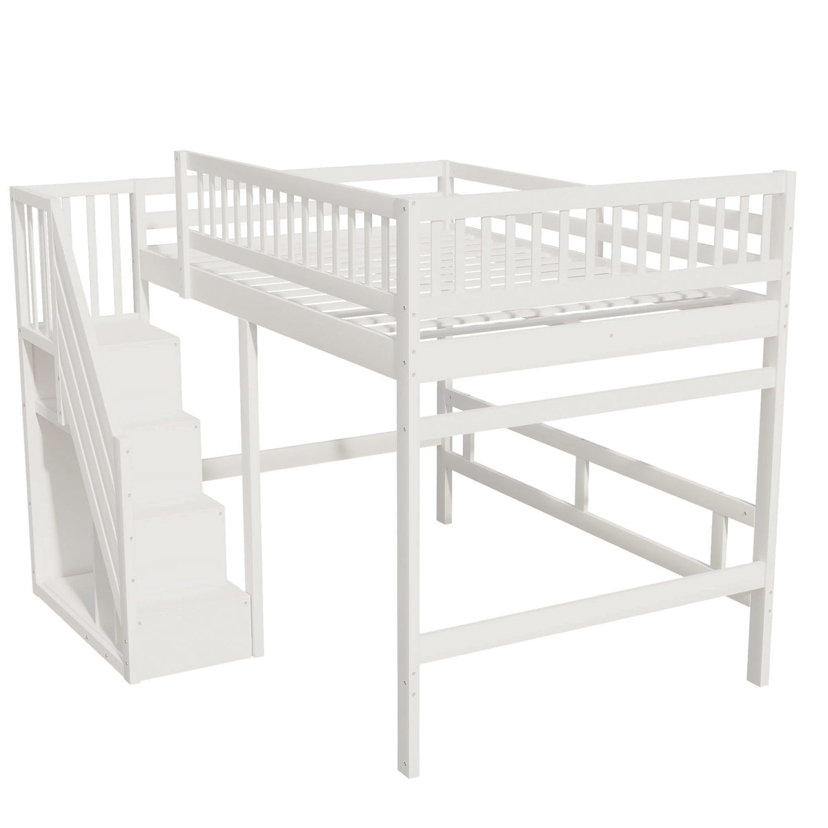 Solid Wood Bed, 140x200 with Stairs & Storage, High Railing, White