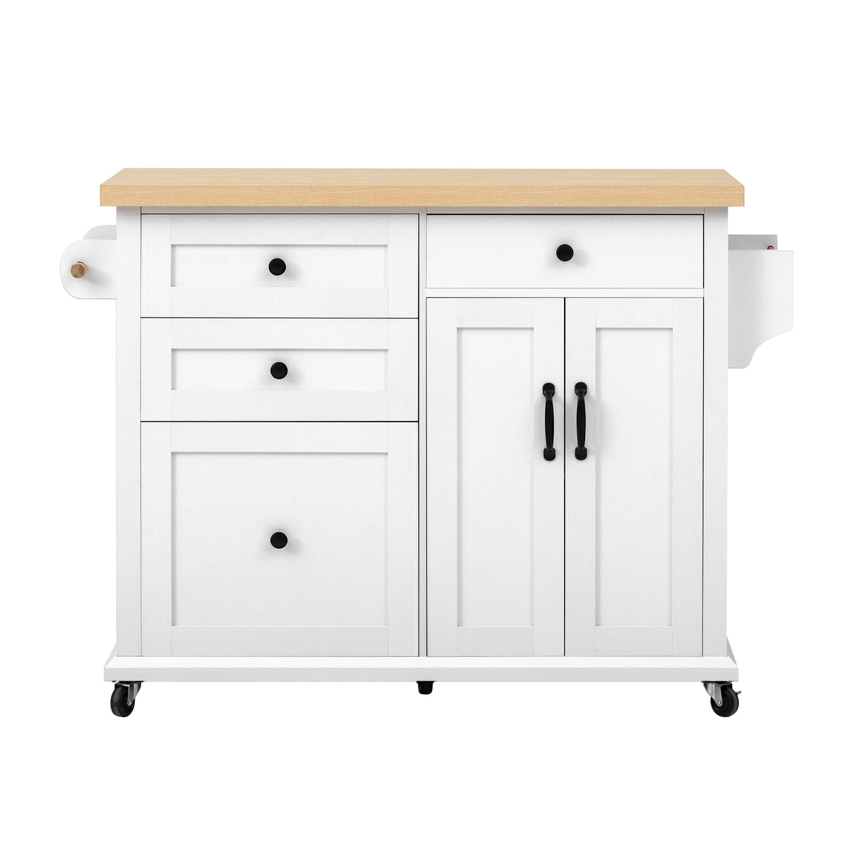 Mobile Kitchen Island, Extendable Dining Table Multifunctional Drawers, White