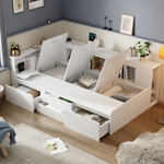 Children's Single Bed 90x200cm Multifunctional Storage Drawers Bookshelf - White