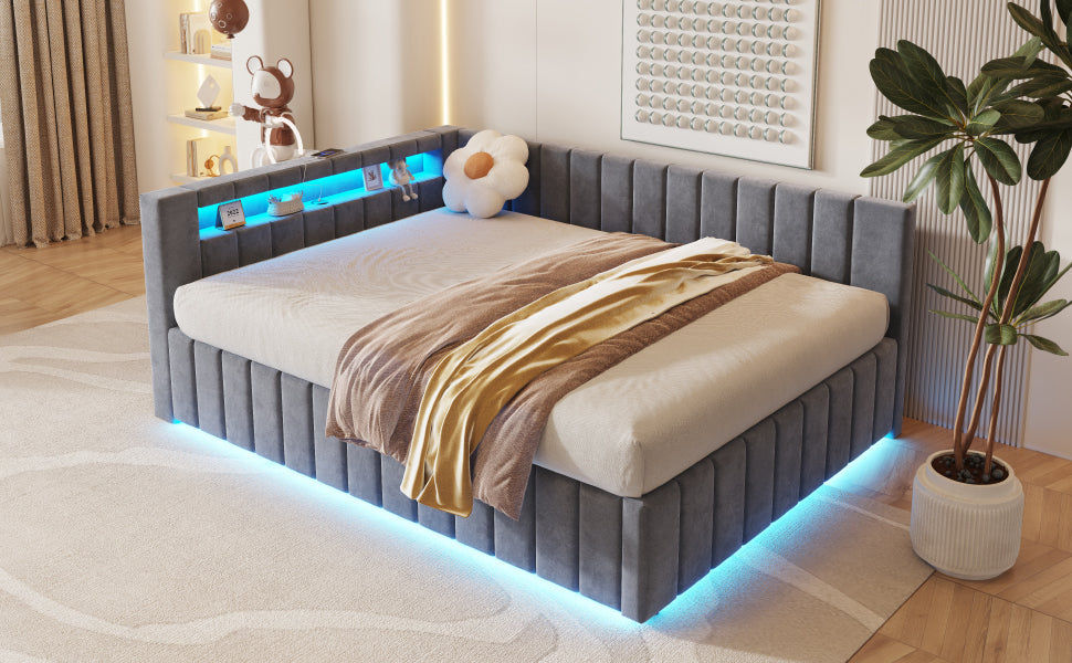 Upholstered Bed/Sofa Bed 140x200 Hydraulic Storage LED/USB Velvet Grey