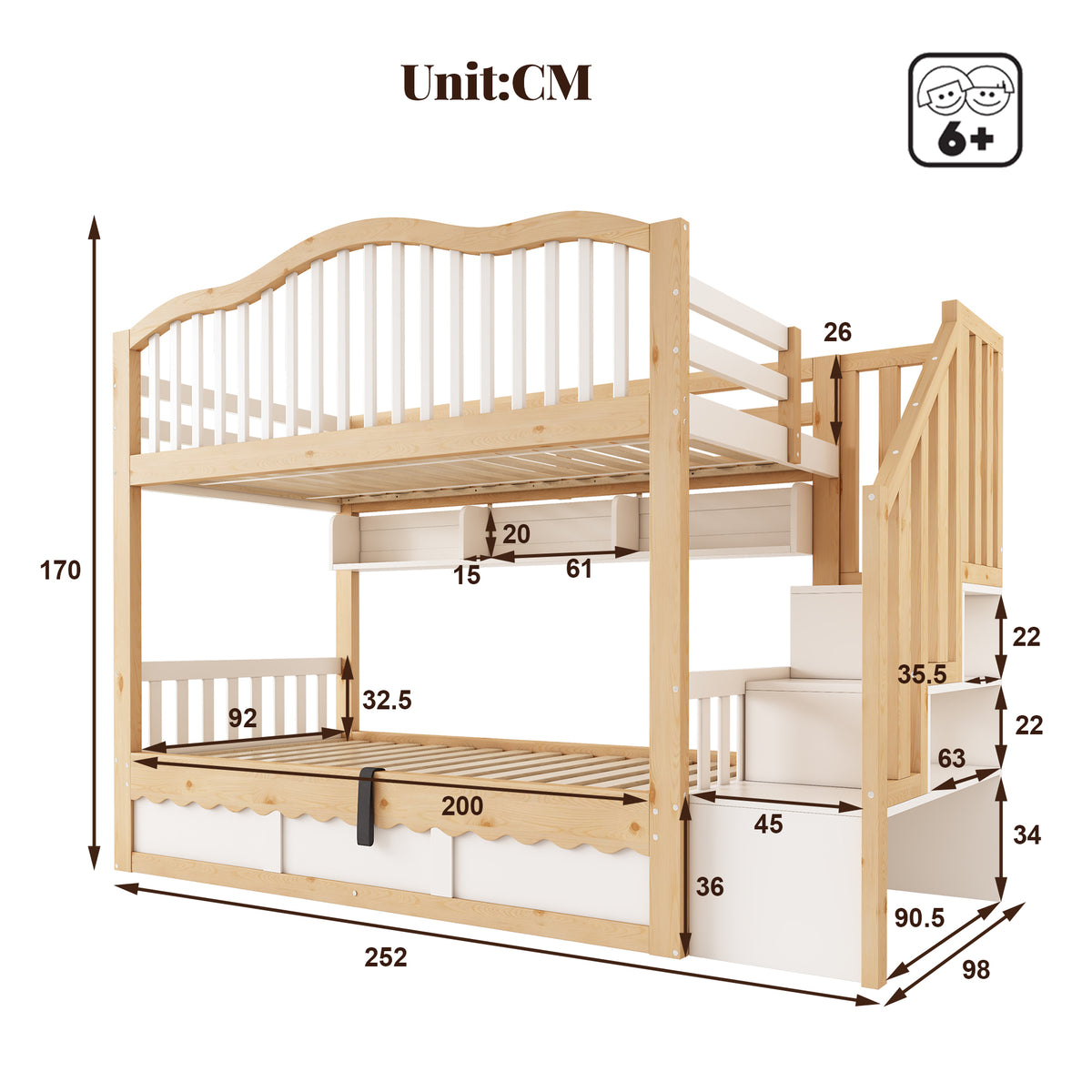 Children's Bunk Bed 90x200 with Storage & Stairs, White & Oak