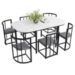 Six-Chair Dining Table Set - White Tabletop, Grey Cushions - Black Iron Frame