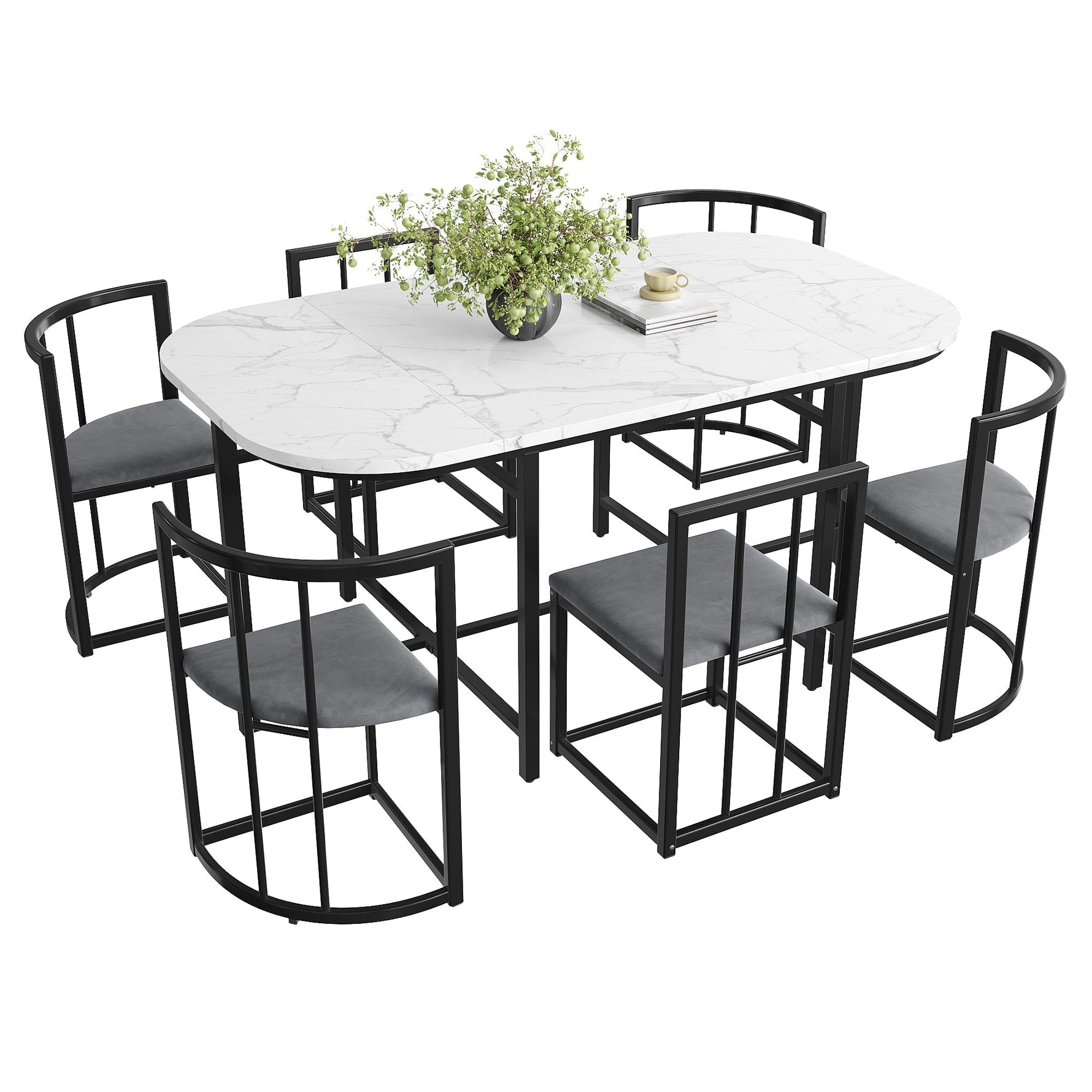 Six-Chair Dining Table Set - White Tabletop, Grey Cushions - Black Iron Frame
