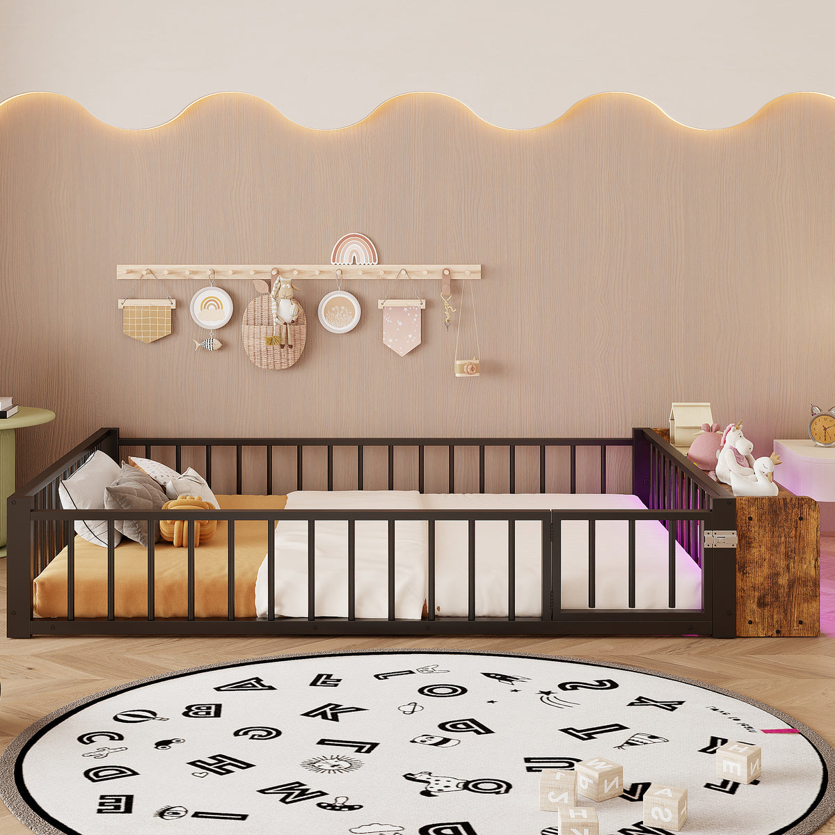 Metal Flatbed 140x200 cm with Lockers & LED Lights, Black