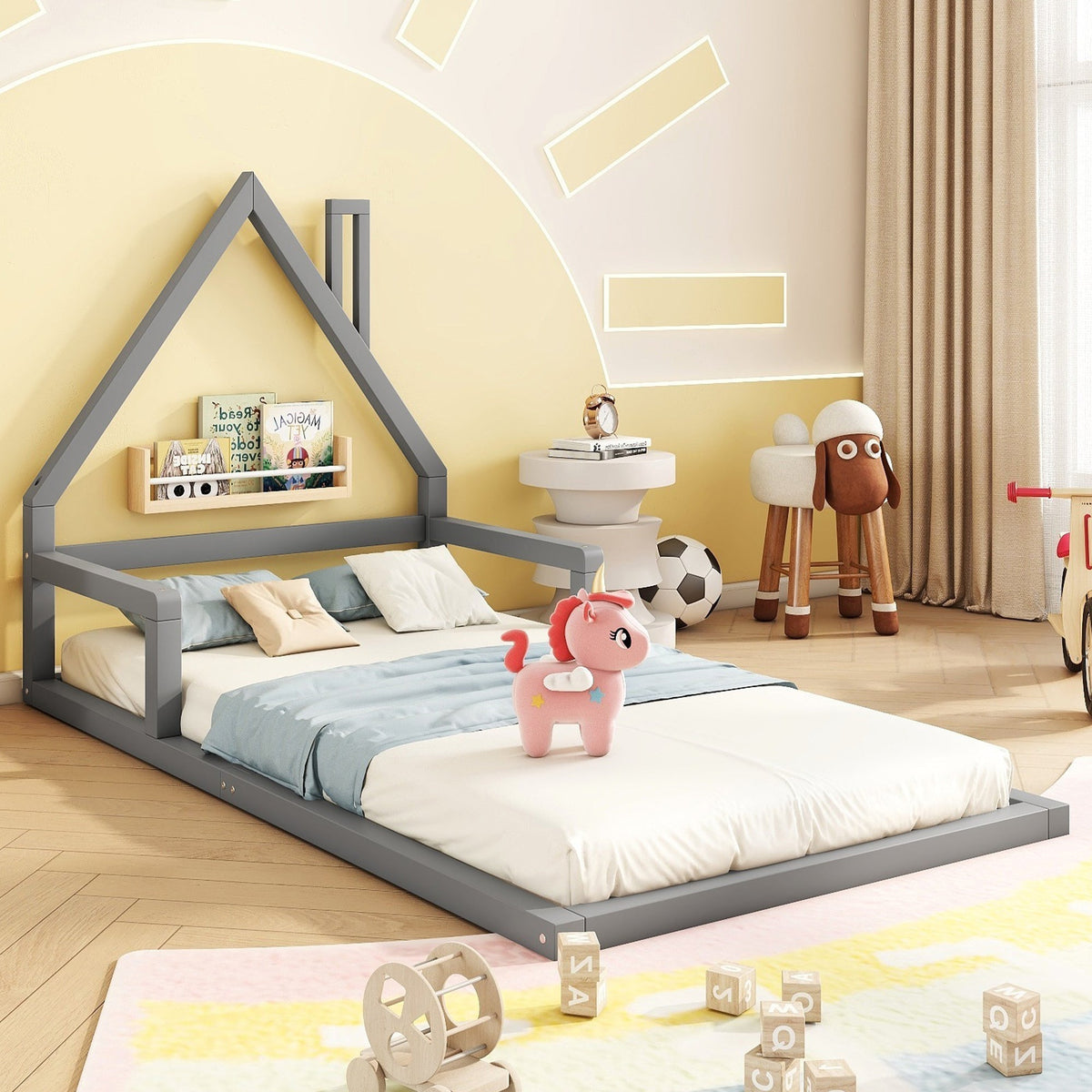 House Bed 90x200cm Flat Bed Simple Design Solid Pine - Grey