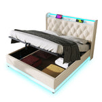 Upholstered Bed Double, 360 LED, Hydraulic Storage, USB-C Charging, 180x200 cm White PU